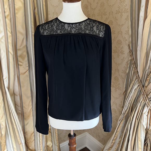 Maje 100% silk black LS top with sheer lace inset size small (1) - Picture 1 of 10